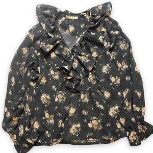 New York Studio Black Blouse Floral Business Casual Long Sleeve Vneck Sheer